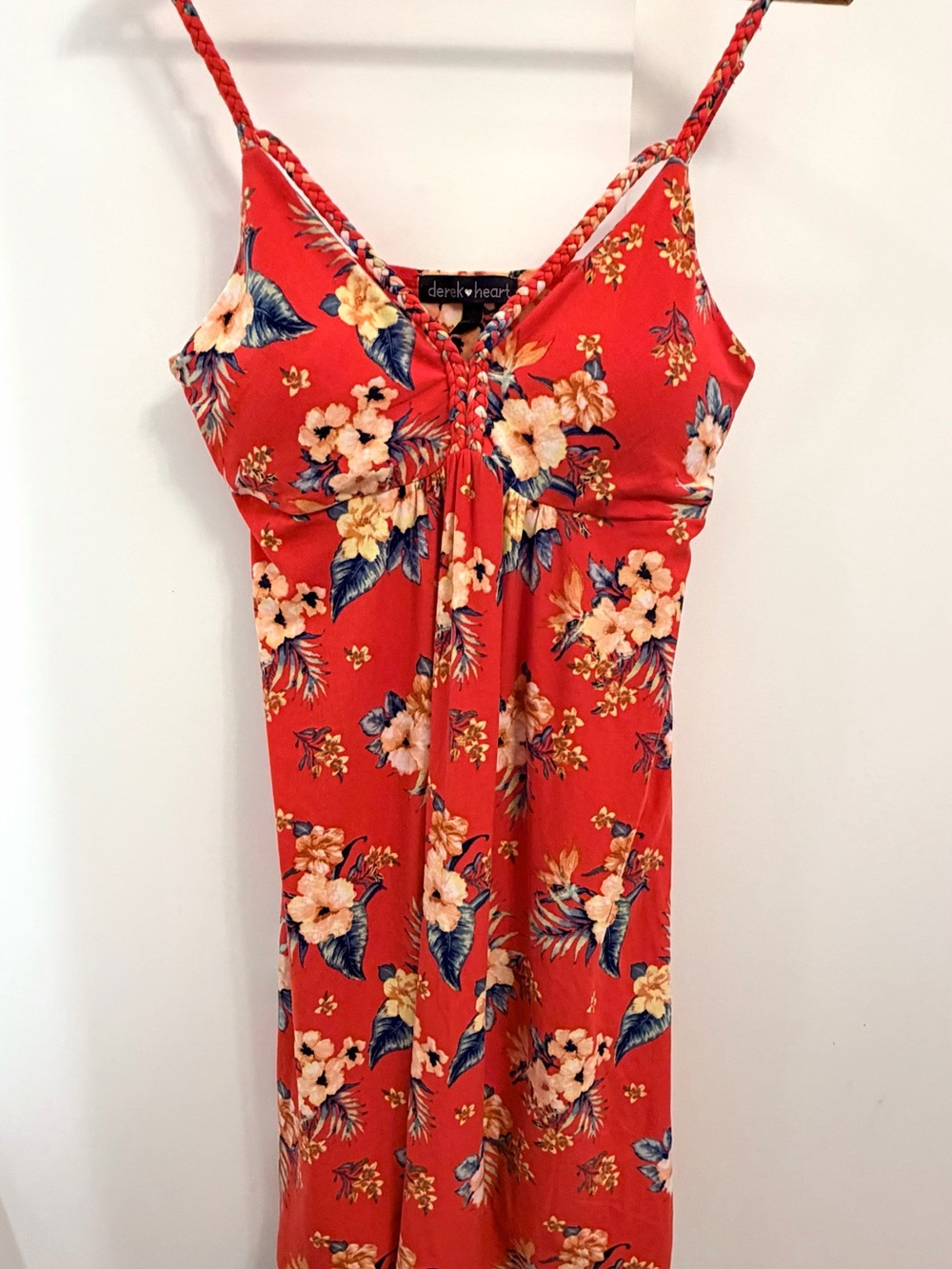 Derek Heart Coral Red Floral Maxi Dress with Braided Straps Large